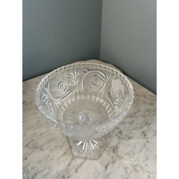 7" American Brilliant Cut Floral Star Crystal Pedestal Footed Bowl Glows Pink! - Picture 8 of 14